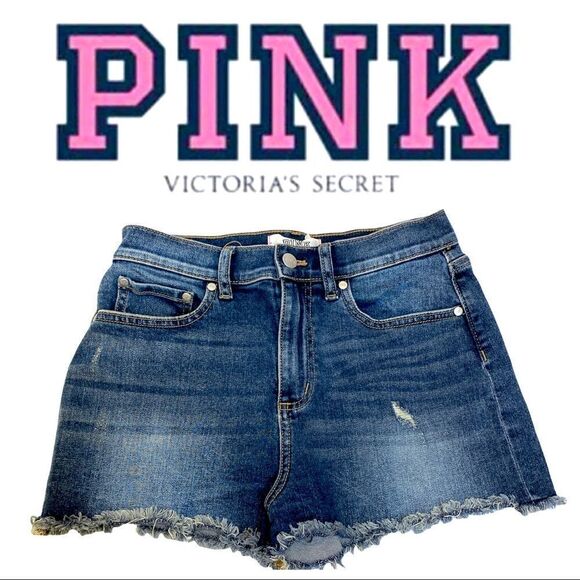 PINK Victoria's Secret High-Waist Denim Distressed Raw Hem Shorts - Picture 1 of 4